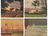 four paintings of a woman sitting on a bench in front of a lake