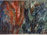 peinture abstraite représentant des fleurs rouges et bleues dans un vase posé sur une table