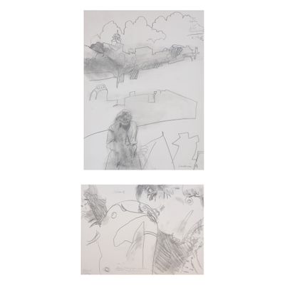 deux dessins représentant un homme et une femme assis sur un banc
