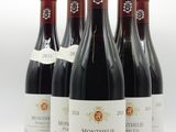 six bouteilles de vin rouge sont alignées sur une surface blanche