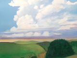 une peinture à l'huile représentant un chemin de terre traversant un champ verdoyant