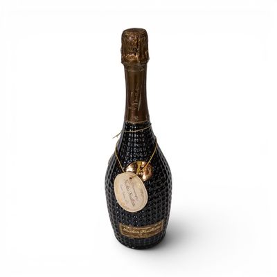 a bottle of champagne on a white background with a tag