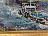 painting of a boat in a body of water next to a building
