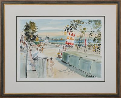 aquarelle encadrée représentant une scène de plage avec des personnes sur la plage