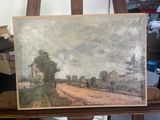 une peinture à l'huile représentant une scène champêtre, posée sur un chevalet en bois