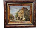 une peinture à l'huile d'une scène de rue avec une voiture à cheval
