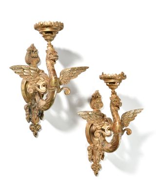 pair of antique brass wall sconces with angels and cherensils