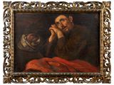 an image of a painting of a man with a cat in a frame