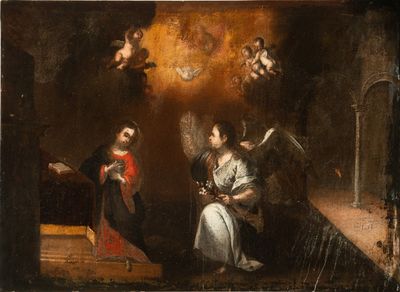 an image of a painting of a woman kneeling in front of angels