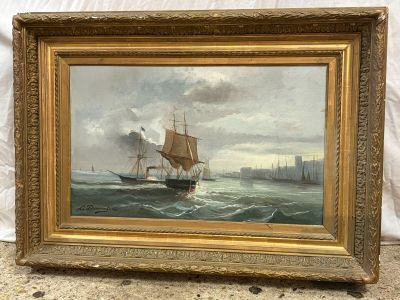 une peinture à l'huile représentant un bateau sur un plan d'eau, avec un château en arrière-plan