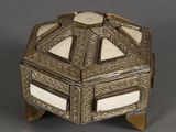 brass and mother of pearl trinket box on stand