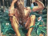a painting of a man sitting in the woods