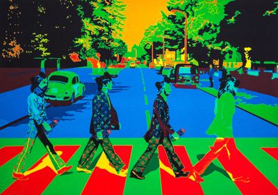 un tableau représentant un groupe de personnes traversant un passage piéton
