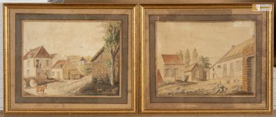 deux tableaux représentant une scène de village avec un homme et un chien dans la rue
