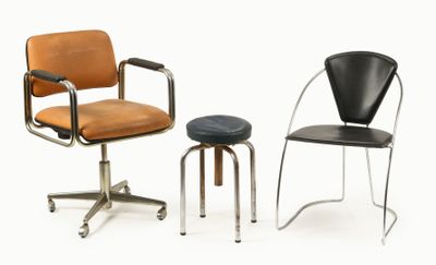 two chairs and a stool sitting next to each other on a white surface