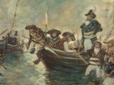 a painting of a group of people on a boat in the water