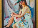 an oil painting of a woman in a green hat sitting on a chair