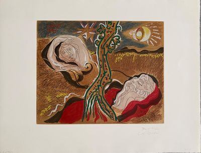 dessin représentant un tableau où figurent une femme et un homme dans un champ