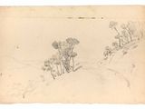 an old drawing of trees on a hill with a river in the background