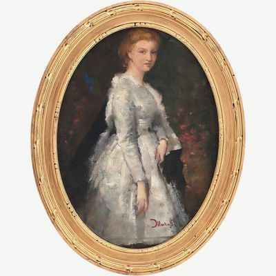 portrait d'une femme en robe blanche dans un cadre ovale doré