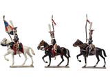 three figurines of men in uniforms riding horses and holding flags