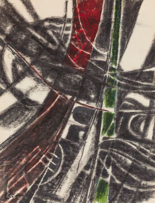 dessin représentant une rose rouge dans un vase, avec une tige verte