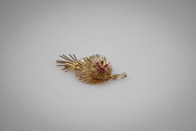 une image représentant une broche en forme d'oiseau en or, avec une pierre rouge dans le bec