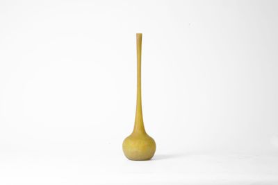 tall yellow vase with a wooden stem on a white background