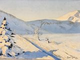 un tableau représentant une montagne enneigée avec des arbres au premier plan
