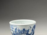 blue and white porcelain bowl with figures in a landscape