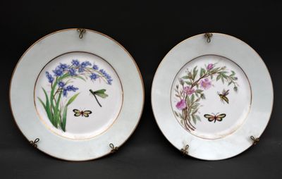 deux assiettes sur lesquelles sont peints des fleurs et des papillons sur un fond noir