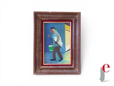 une photo d'un tableau représentant un homme avec une serpillière accroché au mur