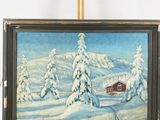 an oil painting of a cabin in the middle of a snowy landscape
