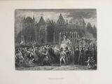 an old picture of a large crowd of people in front of a building