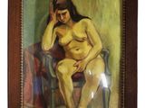 une peinture à l'huile représentant une femme nue assise sur une chaise