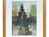 a painting of a cityscape with a clock tower in the background