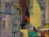 une peinture à l'huile représentant une scène de rue en ville avec des passants qui marchent dans la rue