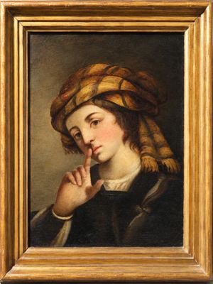 a painting of a woman in a turban with a finger on her lips