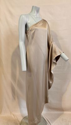 an image of a mannequin wearing a beige dress on a stand