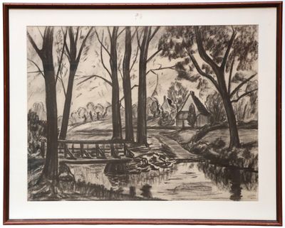 drawing of a landscape with a river and trees in the foreground