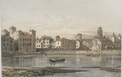 tableau représentant une vue d'une ville avec un bateau sur l'eau