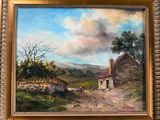 une peinture à l'huile représentant une scène rurale avec une maison et une vache