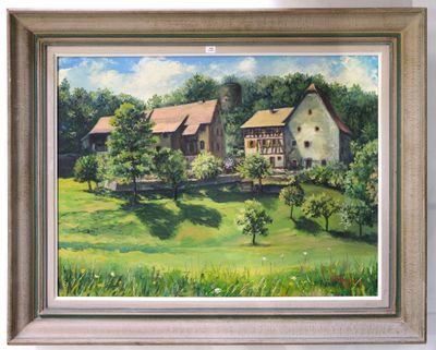 painting of a farm scene with a white dog in the foreground