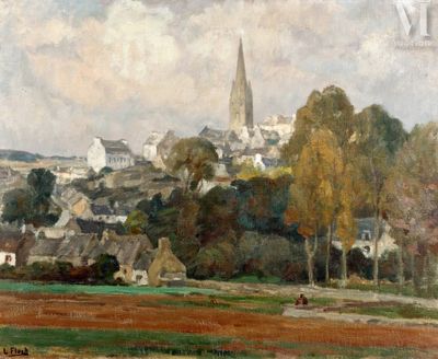 tableau représentant une vue d'une ville avec une église au loin