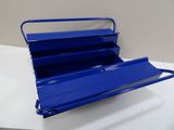 a blue tool box sitting on top of a white table
