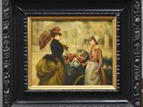 painting of two women with umbrellas and flowers in a black frame
