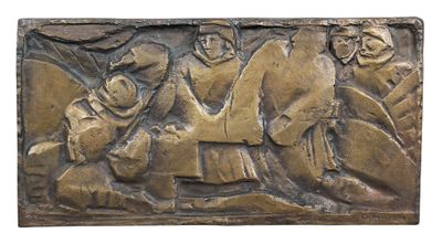 an image of a bronze plaque depicting a group of people on horseback