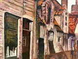 a painting of a cat sitting on a bench in front of a building