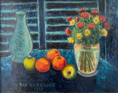 a painting of a vase of flowers and fruit on a table