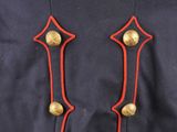 a close up of a military uniform with red pips and gold buttons